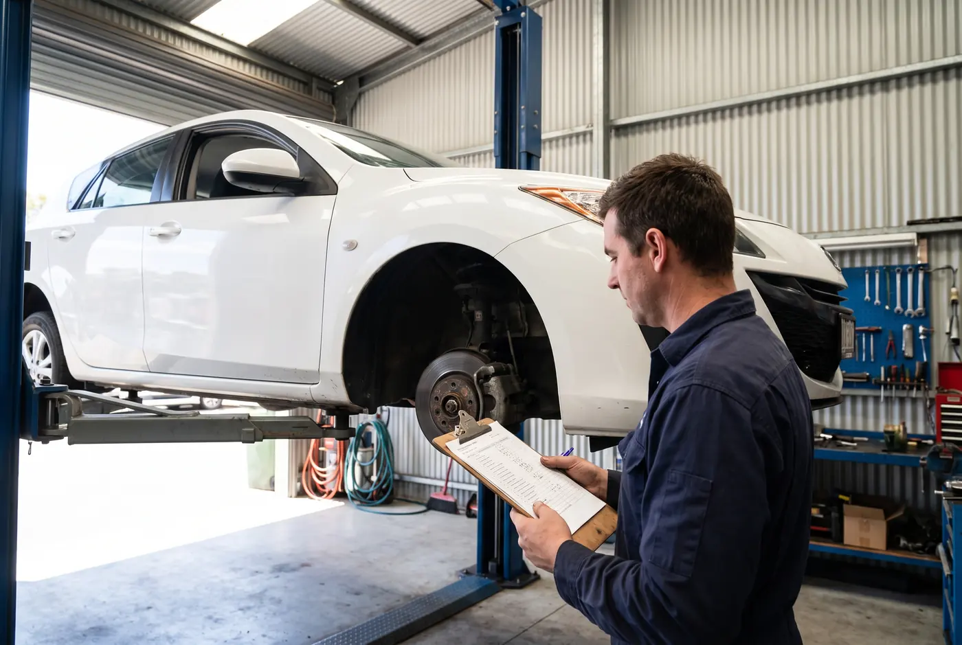 Mechanic with a checklist inspecting a hatchback on the hoist